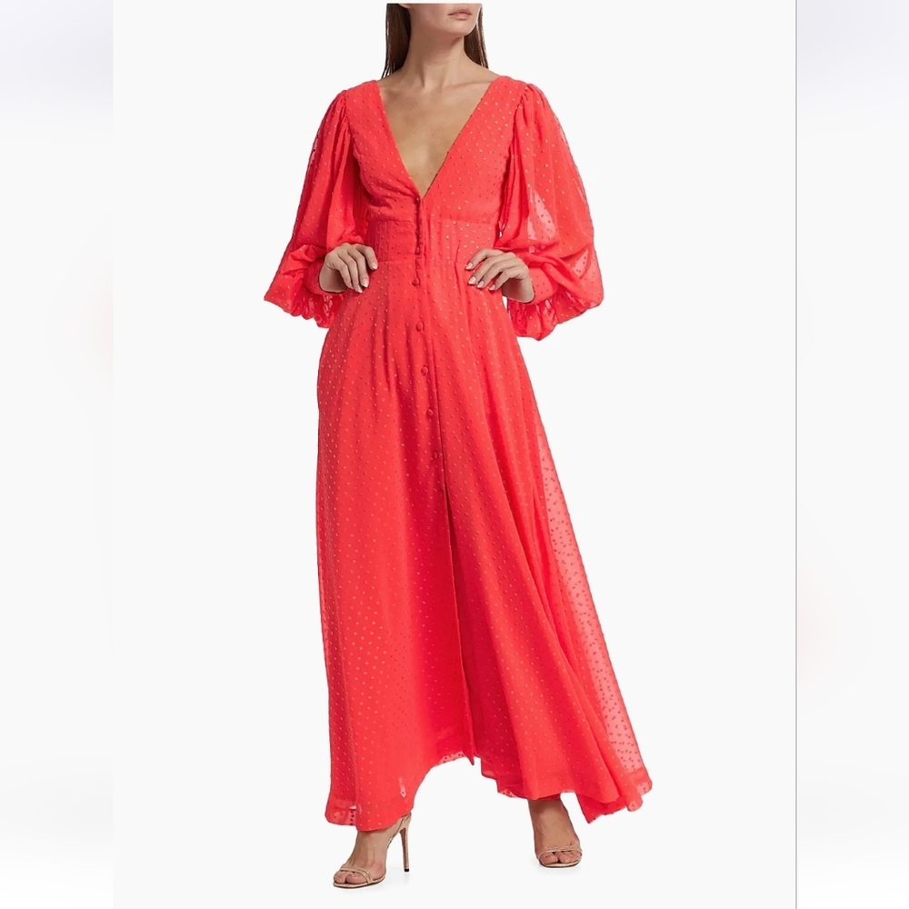 KIMBERLY GOLDSON CORAL GOLD, LESLI JACQUARD MAXI DRESS, LONG SLEEVES, SIZE S.